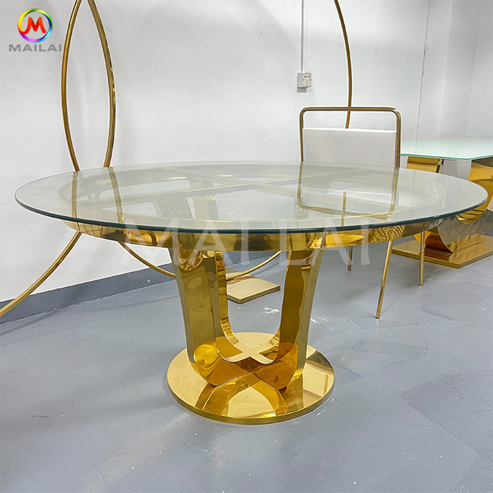 Cheap Hot Sale Hotel Party Events Furniture Gold Stainless Steel  Round Glass Top Wedding Dining Tables