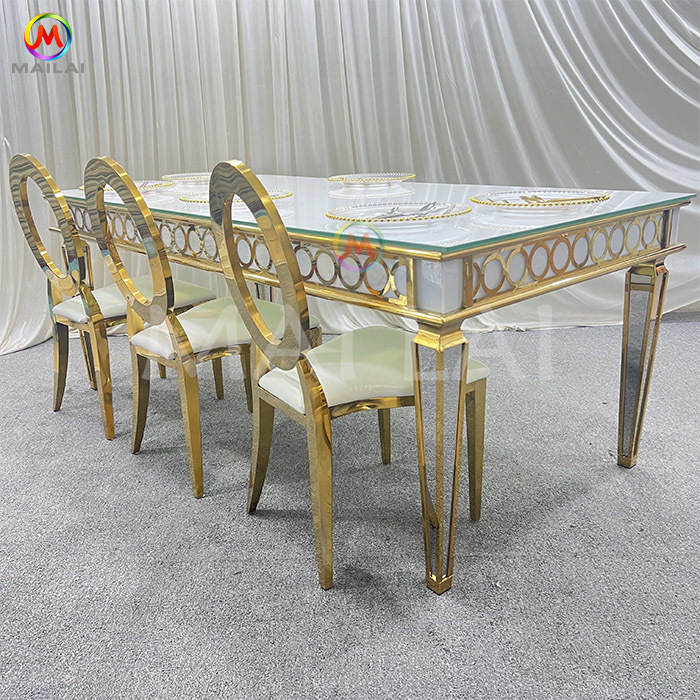 High Quality Events Party Table Wedding Stainless Steel Frame Golden Glass Top Dining Table
