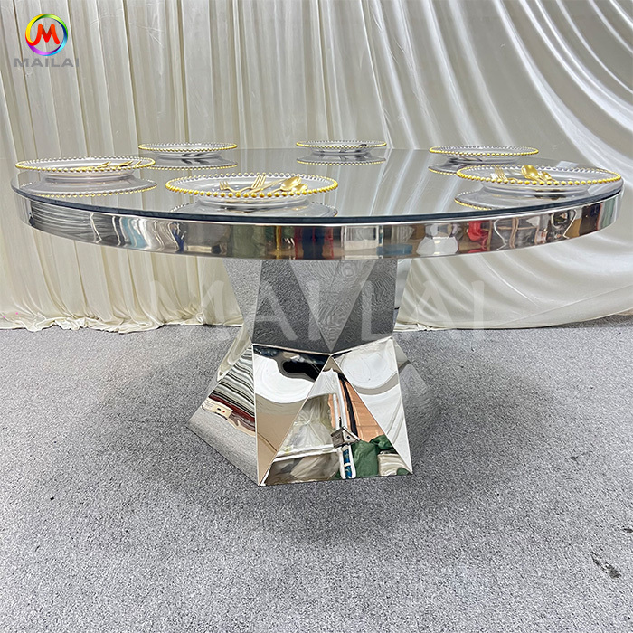 Cheap Customized Size Hotel Furniture Round Glass Top Silver Stainless Steel Wedding Dining Table
