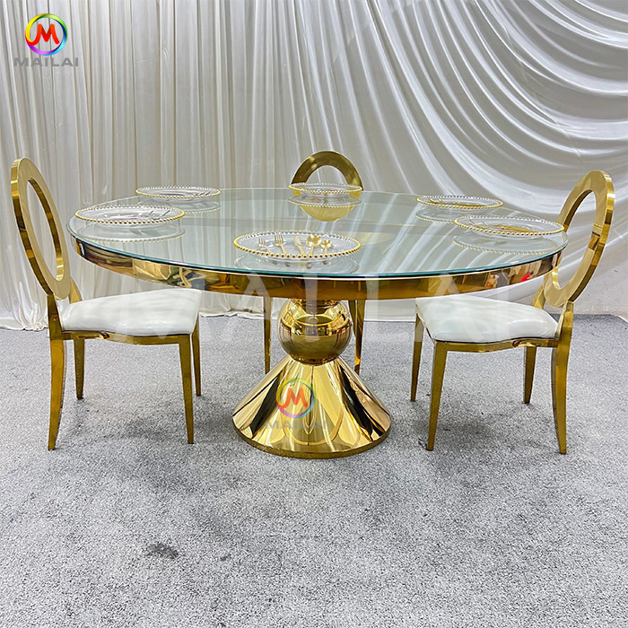 Classic Hotel Party Events Furniture Clear Glass Top Gold Stainless Steel Round Dining Table