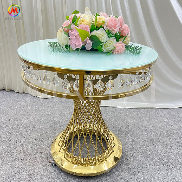 Luxury Gold Stainless Steel Cake Table Mirror Glass Top Round Wedding Dessert Table for Party
