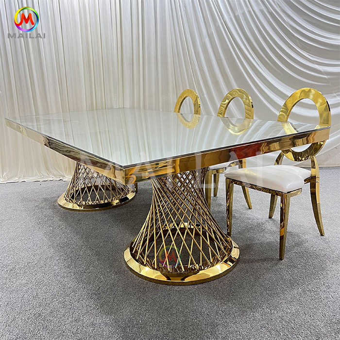 Factory Cheap Price Hotel Dining Furniture Gold Stainless Steel Mirror Glass Table Top Wedding Table