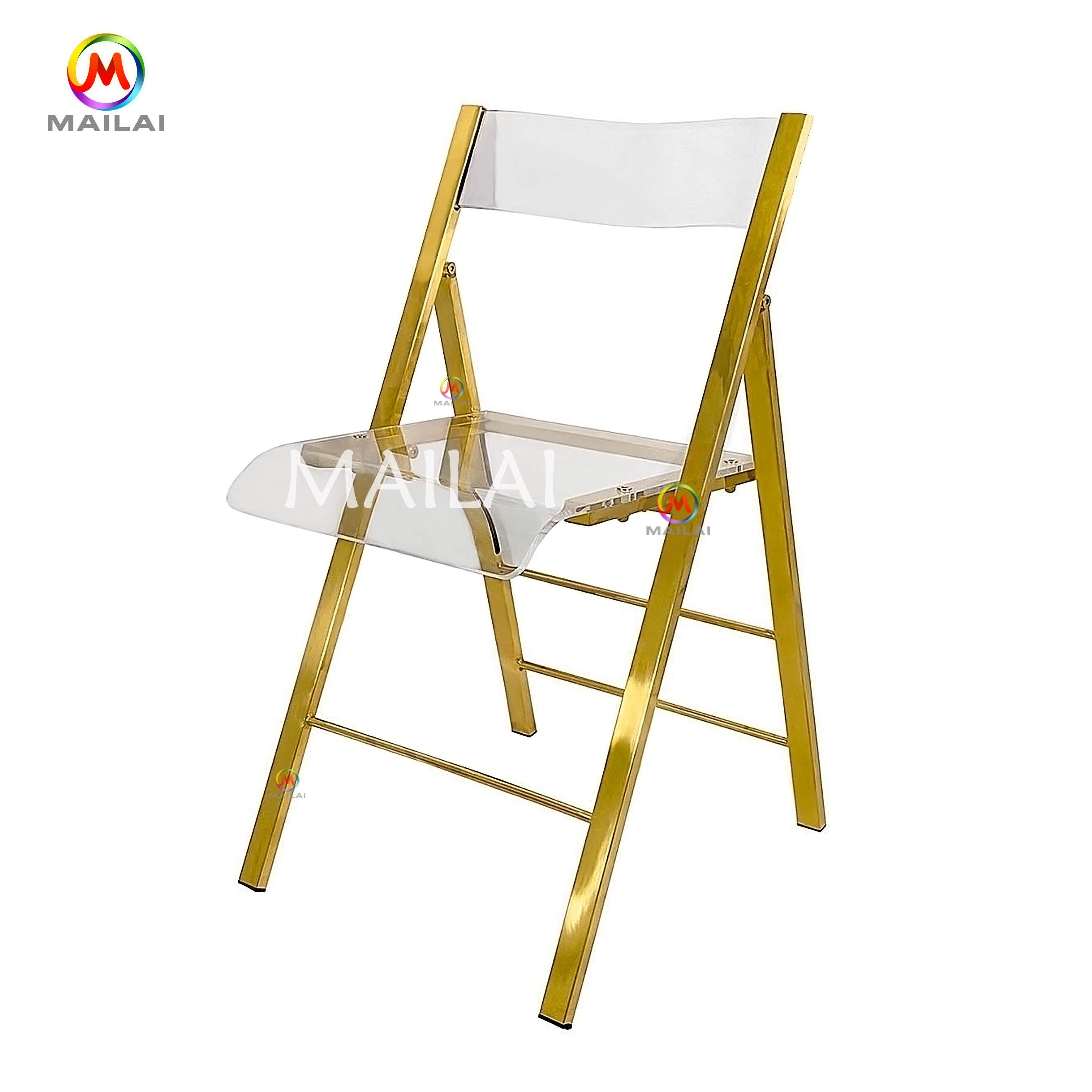 Elegant wedding stainless steel gold frame acrylic back and seat folding wedding chair for rental