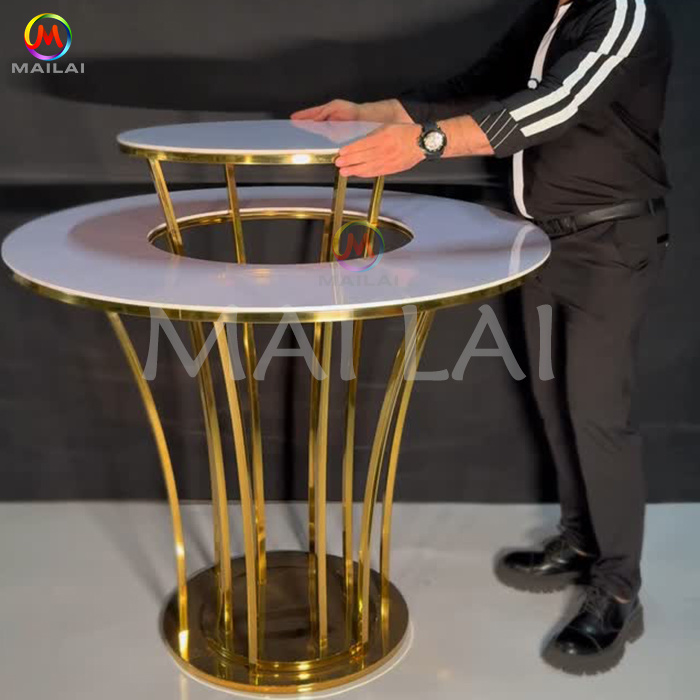 Hotel Wedding Event Gold Stainless Steel Frame White Glass Top 3 Level Round Cake Table