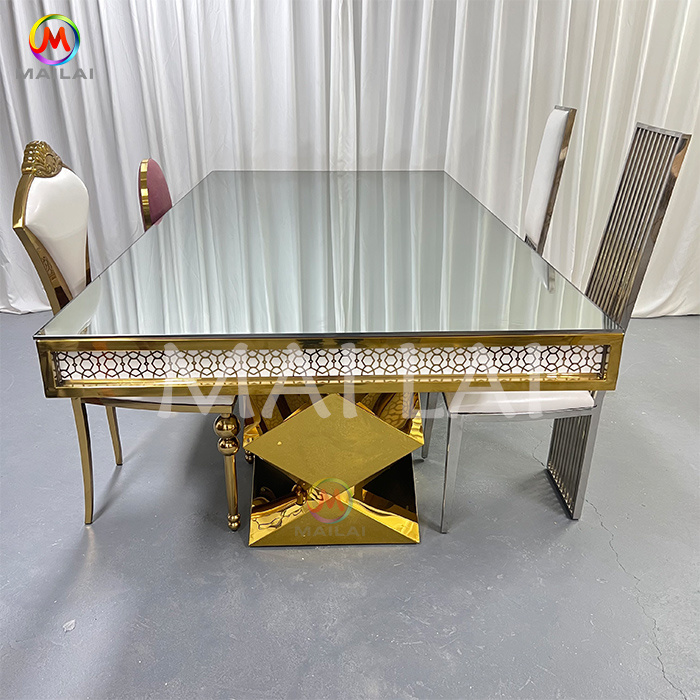 Modern Design Hotel Furniture Gold Stainless Steel Mirror Glass Top Wedding Dining Tables for Events/Party