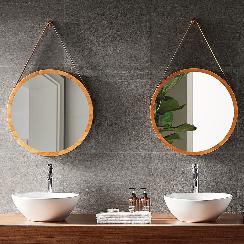 Wood framed bathroom vanity mirror