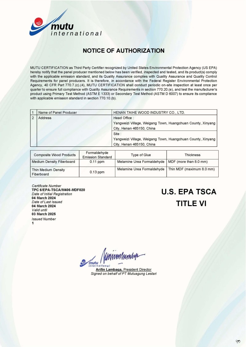 EPA Certificate EPA Certificate