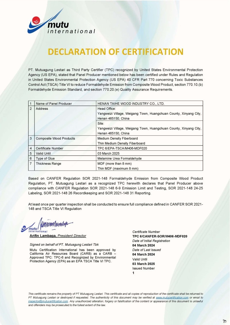 EPA Declaration of Certification EPA Declaration of Certification