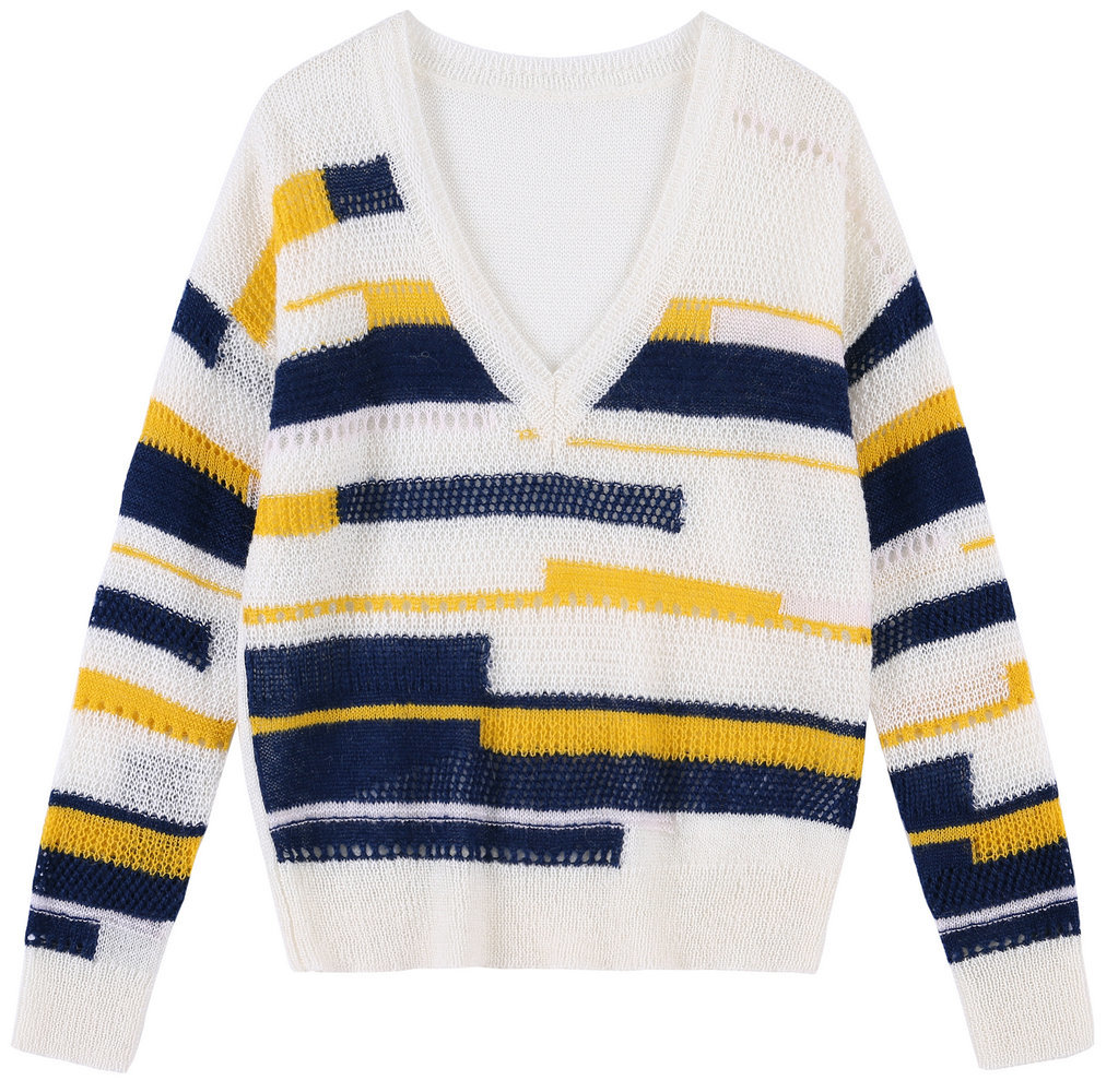 2046-1 LADIES V NECK LONG SLEEVE SWEATER PULLOVER WITH POINTELLES AND CONTRAST IRREGULAR STRIPES 1/5.5 50%Acrylic 30%Wool 20%Mohair