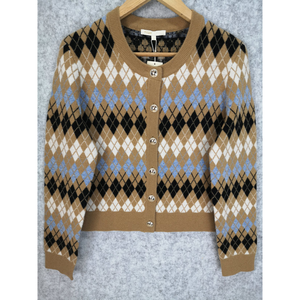 MIRA ROUND NECK LONG SLEEVE CARDIGAN WITH CLASSICAL DIAMOND jacquard 80%RWS Merino Wool 20%Nylon