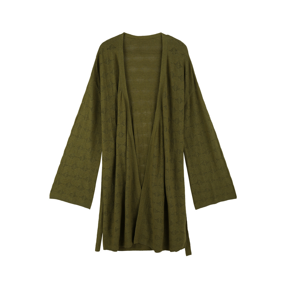 BIOS2113 95%COTTON 5%LINEN LADIES V NECK LONG SLEEVE CARDIGAN SWEATER WITH POINTELLE