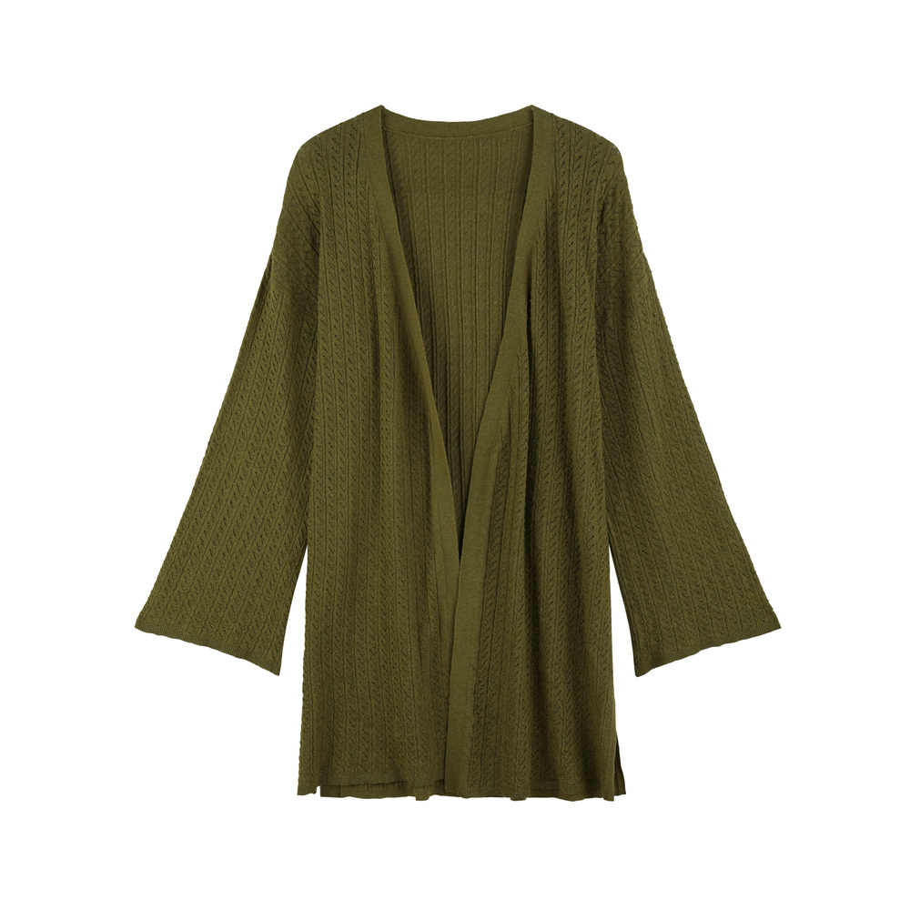 BIOS2114 95%COTTON 5%LINEN LADIES V NECK LONG SLEEVE CARDIGAN SWEATER WITH POINTELLE