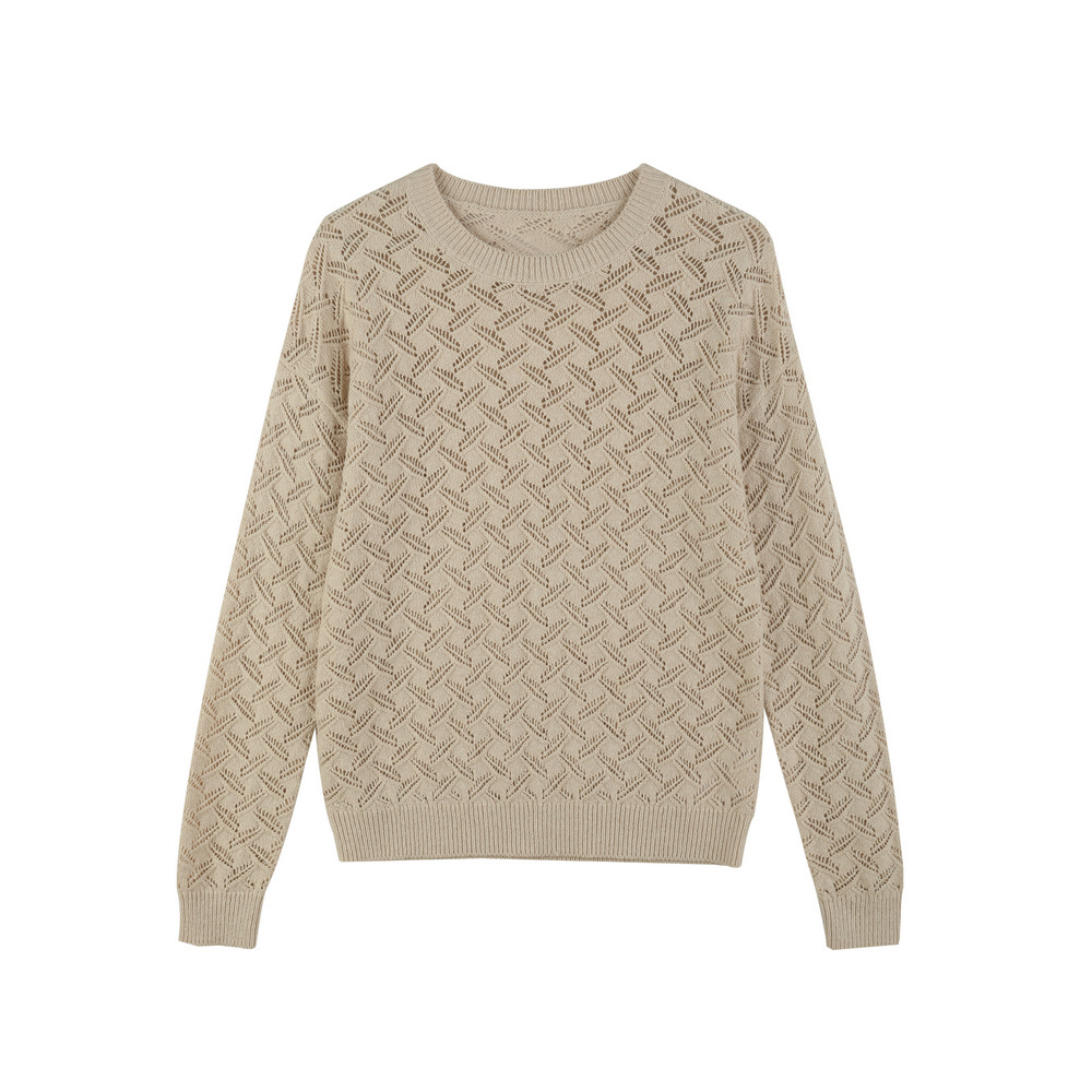 BIOS2125 96%COTTON 4%POLY LADIES ROUND NECK LONG SLEEVE SWEATER WITH ALL OVER POINTELLE