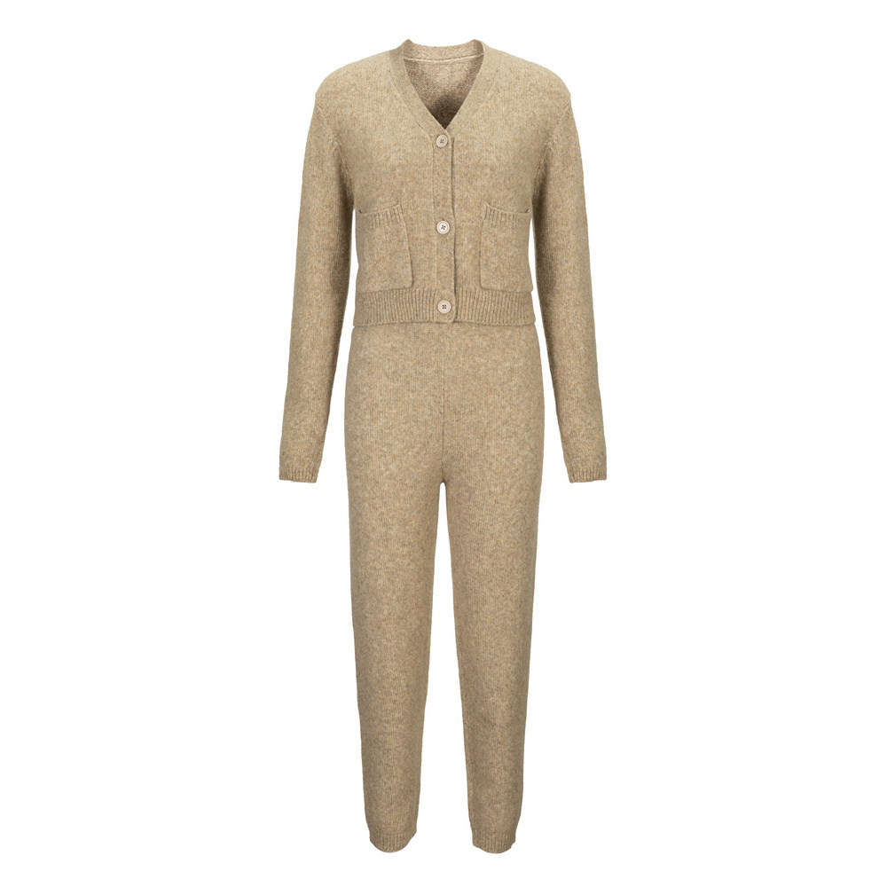 BIOS2166 57%ACRYLIC 40%NYLON 3%WOOL LADIES V NECK LONG SLEEVE CARDIGAN AND PANT TWINSETS SWEATER
