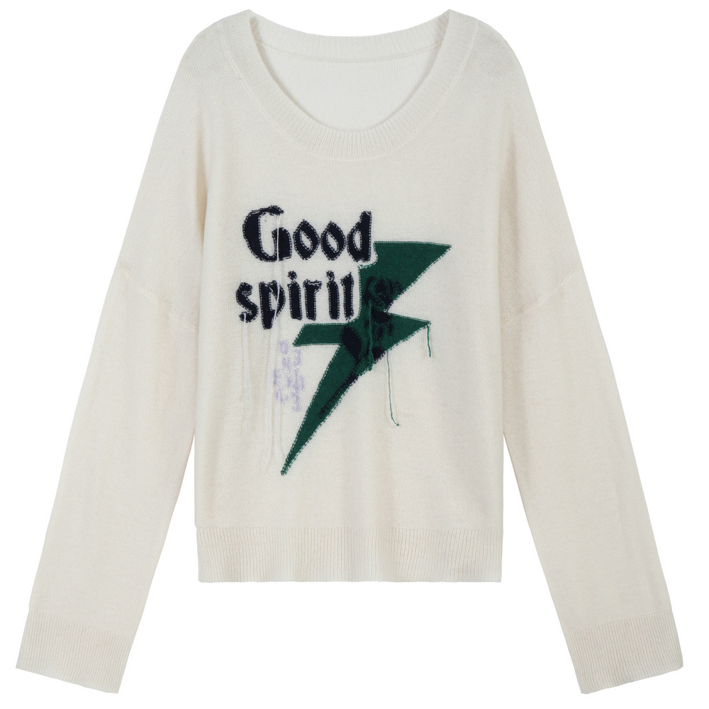 13ANDDY5AMT 2/26 100%WOOL LADIES LONG SLEEVE PULLOVER WITH WORD AND FLASH INTARSIA AND FRINGES