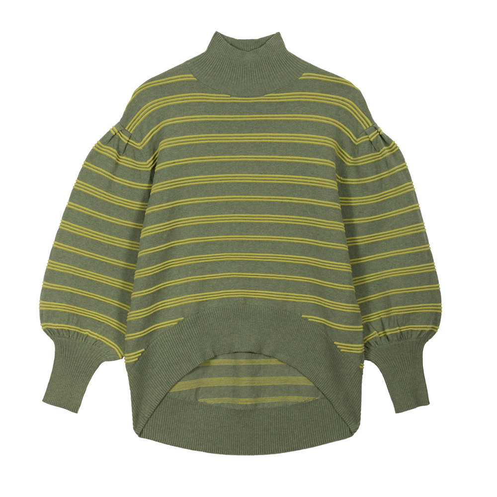 BIOS2164 55%BCI COTTON 45%CICLO POLY LADIES TURTLE NECK LONG PUFF SLEEVE PULLOVER SWEATER WITH STRIPES