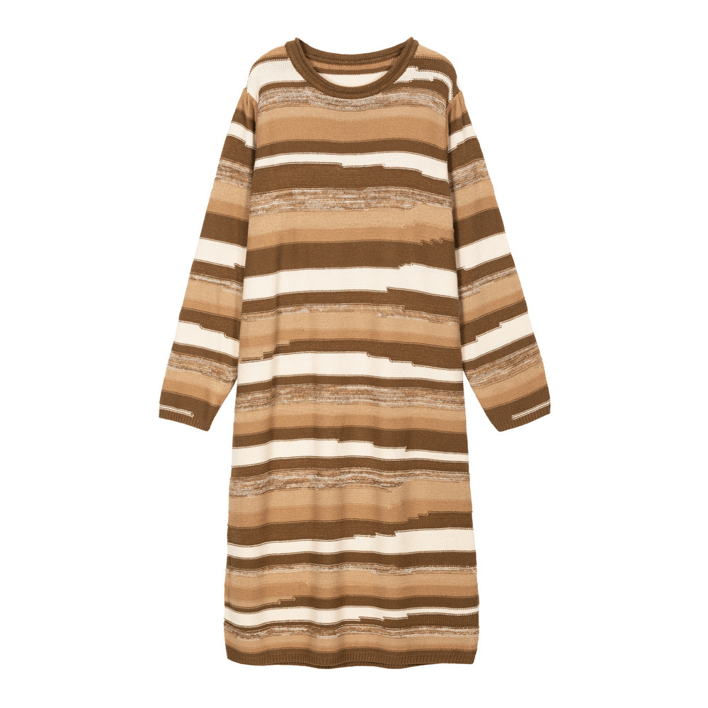 BIOS2157 50%ACRYLIC 50%VISCOSE LADIES ROUND NECK LONG SLEEVE LONG PULLOVER SWEATER WITH MELANGE EFFECT AND IRREGULAR STRIPES