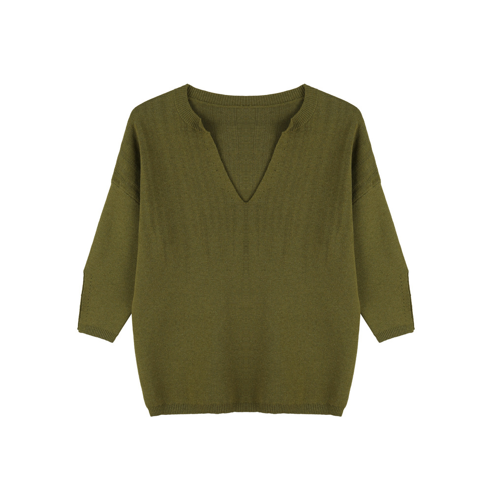 BIOS2112 95%COTTON 5%LINEN LADIES V NECK 3/4 SLEEVE PULLOVER SWEATER WITH POINTELLE
