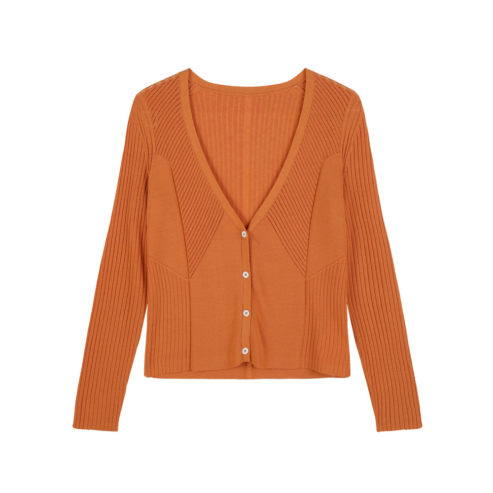 BIOS2120 62%VISCOSE 38%NYLON LADIES LONG SLEEVE CARDIGAN WITH POINTELLE AND RIBS