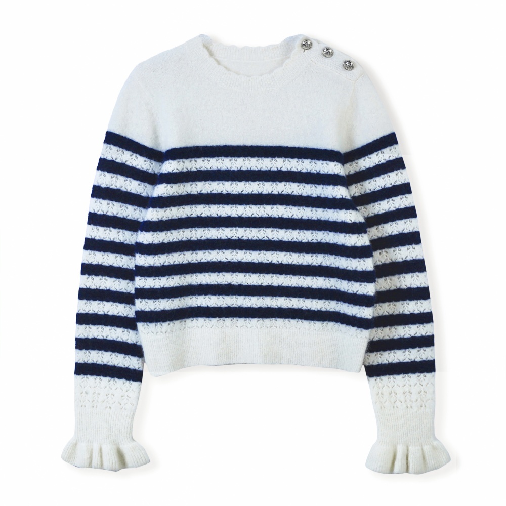 S24002-1 42%NYLON 39%WOOL 16%ANG0RA 3%SPANDEX ladies Round neck short sleeves sweater with stripes