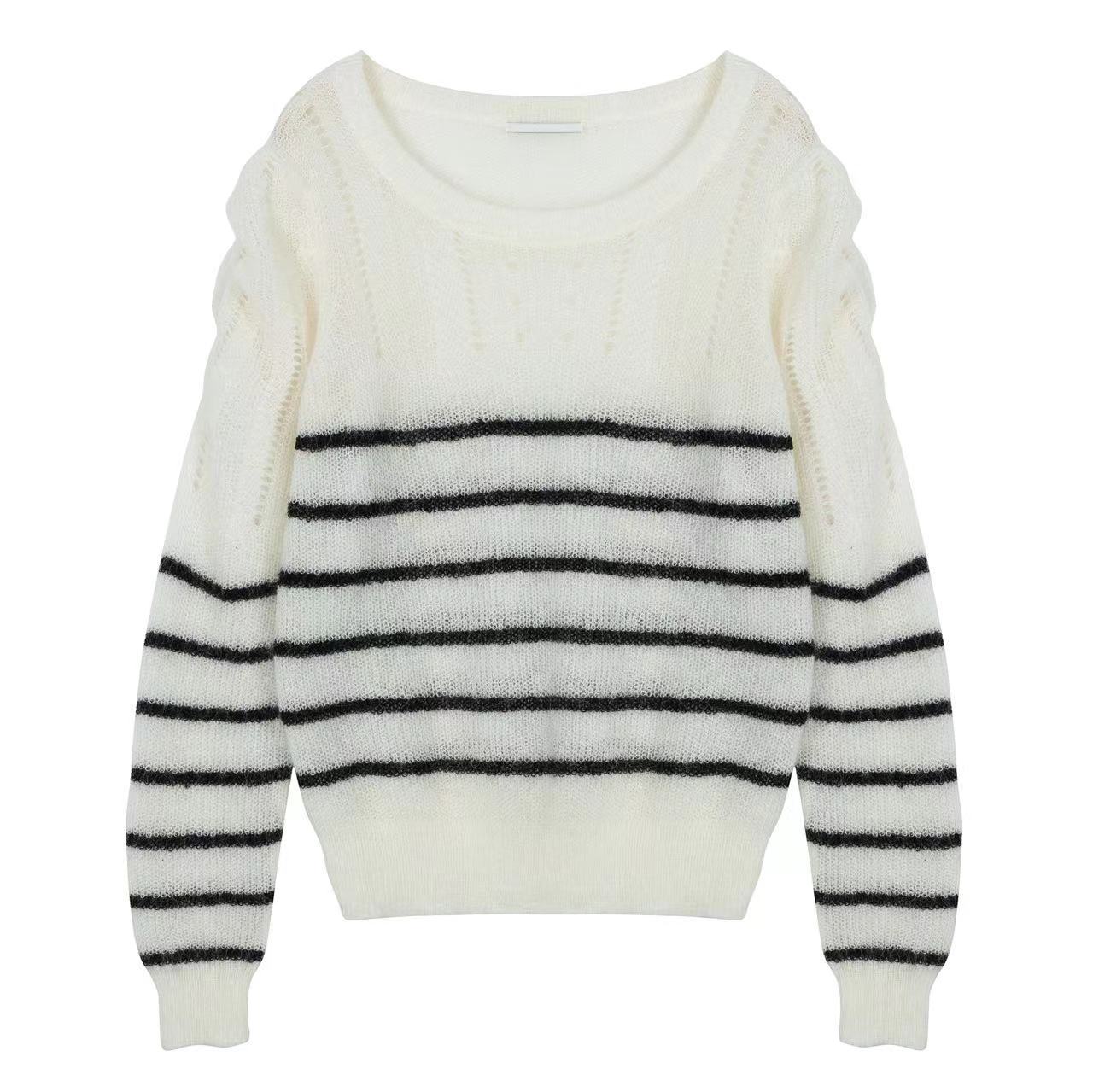 2024 Custom OEM& ODM Ladies  Fashionable Autumn Winter Round Neck Long Sleeve Quality Stripes With Hole-picking DesignSweater