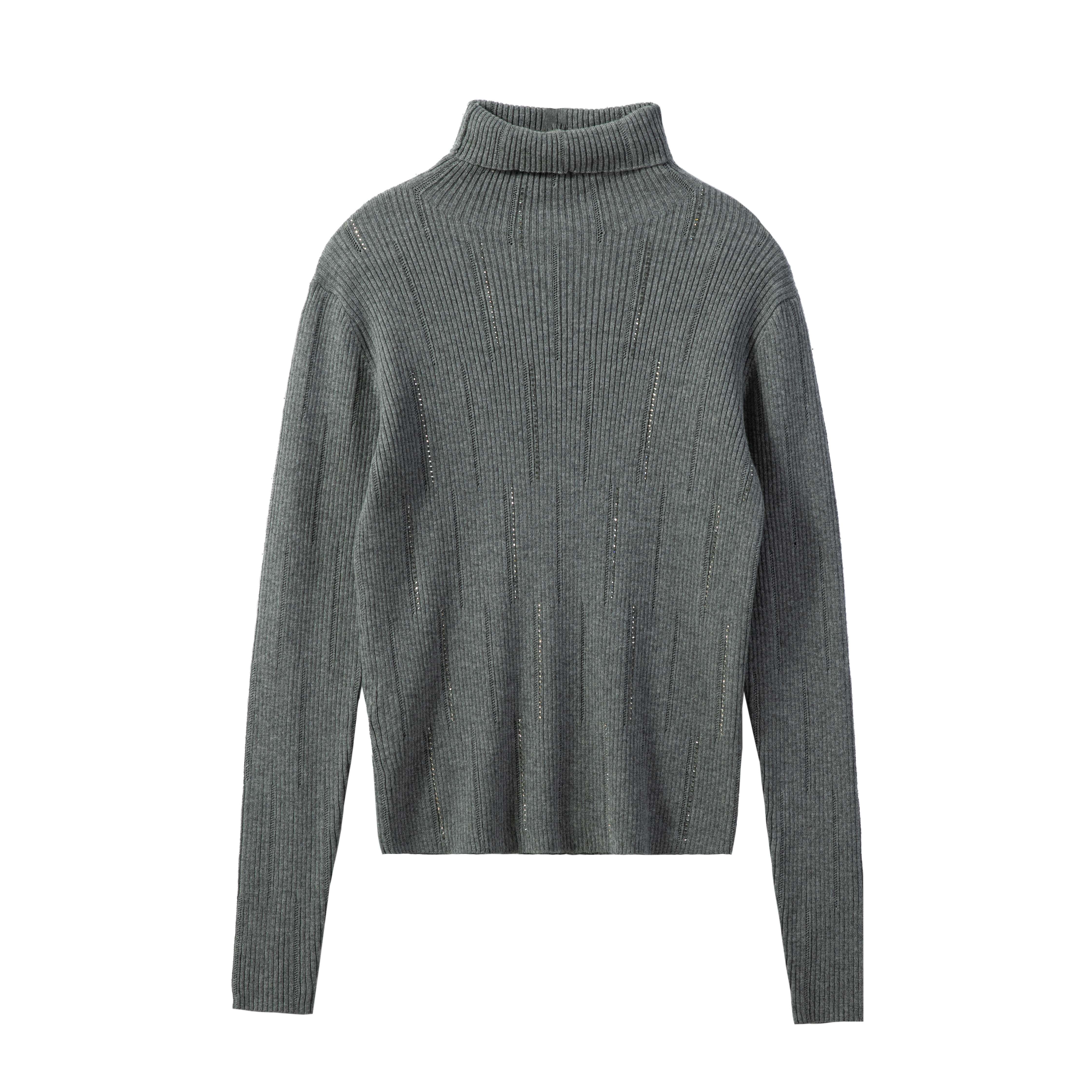 2024 Custom OEM& ODM Ladies Luxury Elegant Autumn Winter High Collar Long Sleeve Sweater With Hotfix