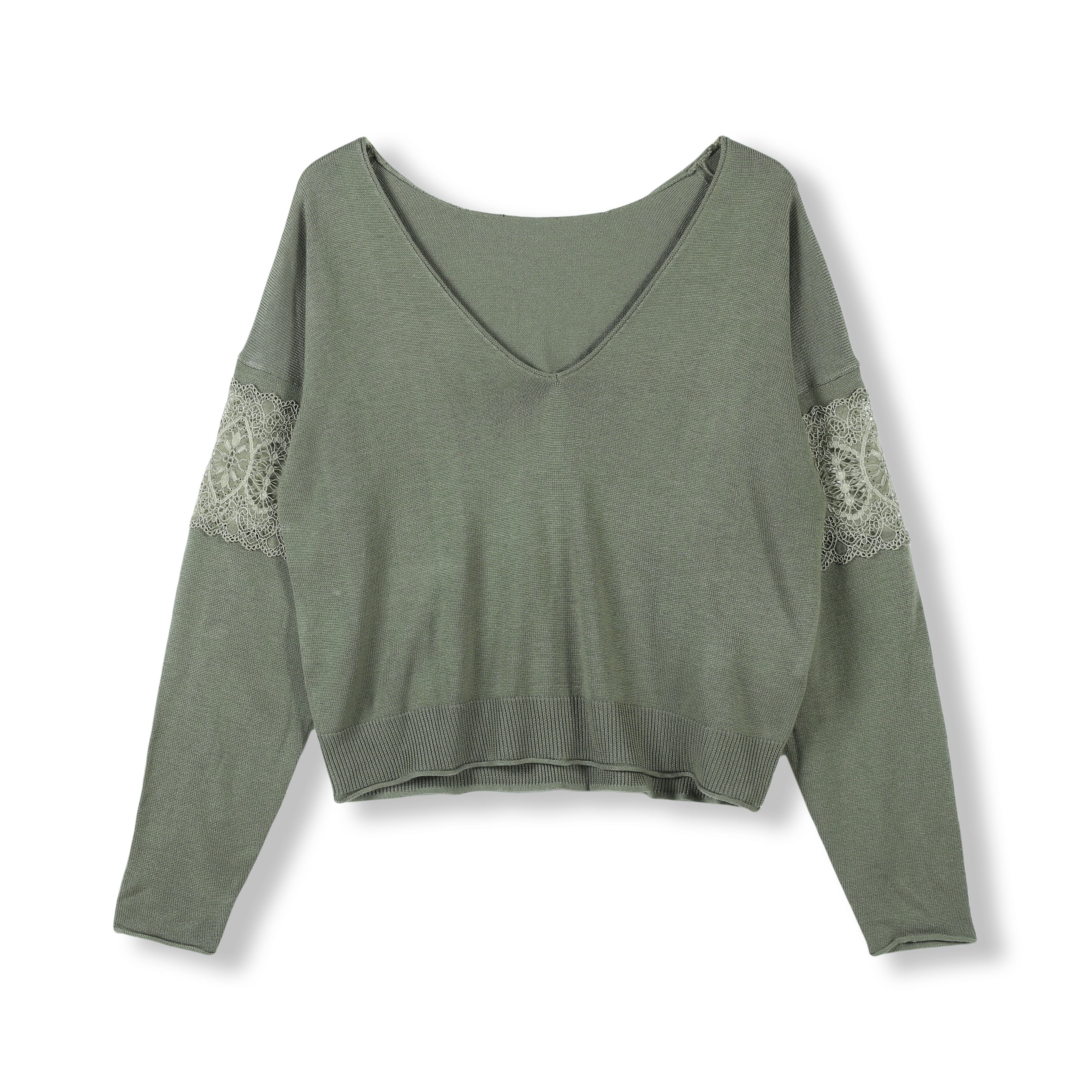 2024 Custom OEM& ODM Ladies Luxury Elegant Spring Autumn V Neck Long Sleeve Pullover Sweater With Wide Soft Flower Lace