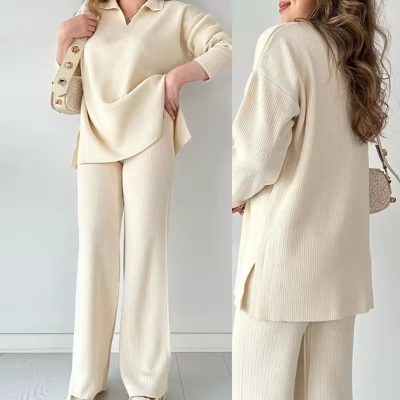 Custom OEM& ODM Solid Color Long Sleeved Pullover Plus Size 2 Piece Suit Wide Leg Pants Casual Polo Neck Knit Sweater Set
