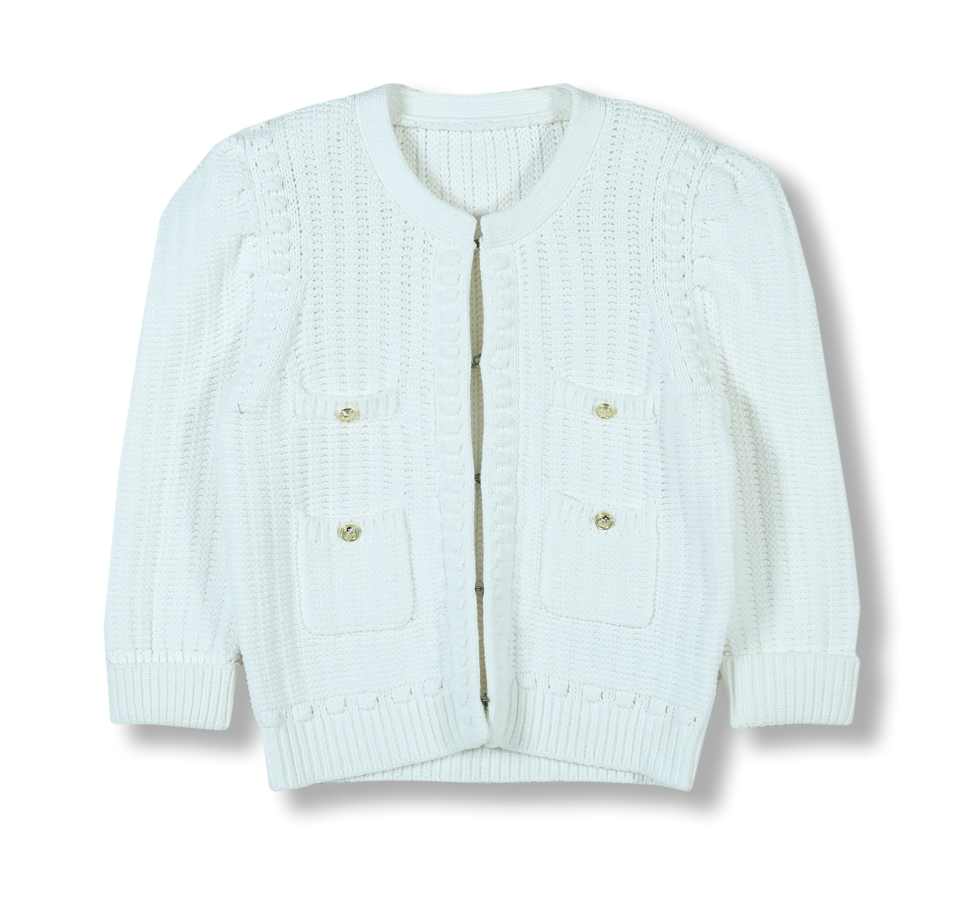 2024 Custom OEM& ODM Ladies Luxury Elegant Spring Summer Crew Neck Long Sleeve Cardigan Sweater  With Big Pointelle Wave Bottom