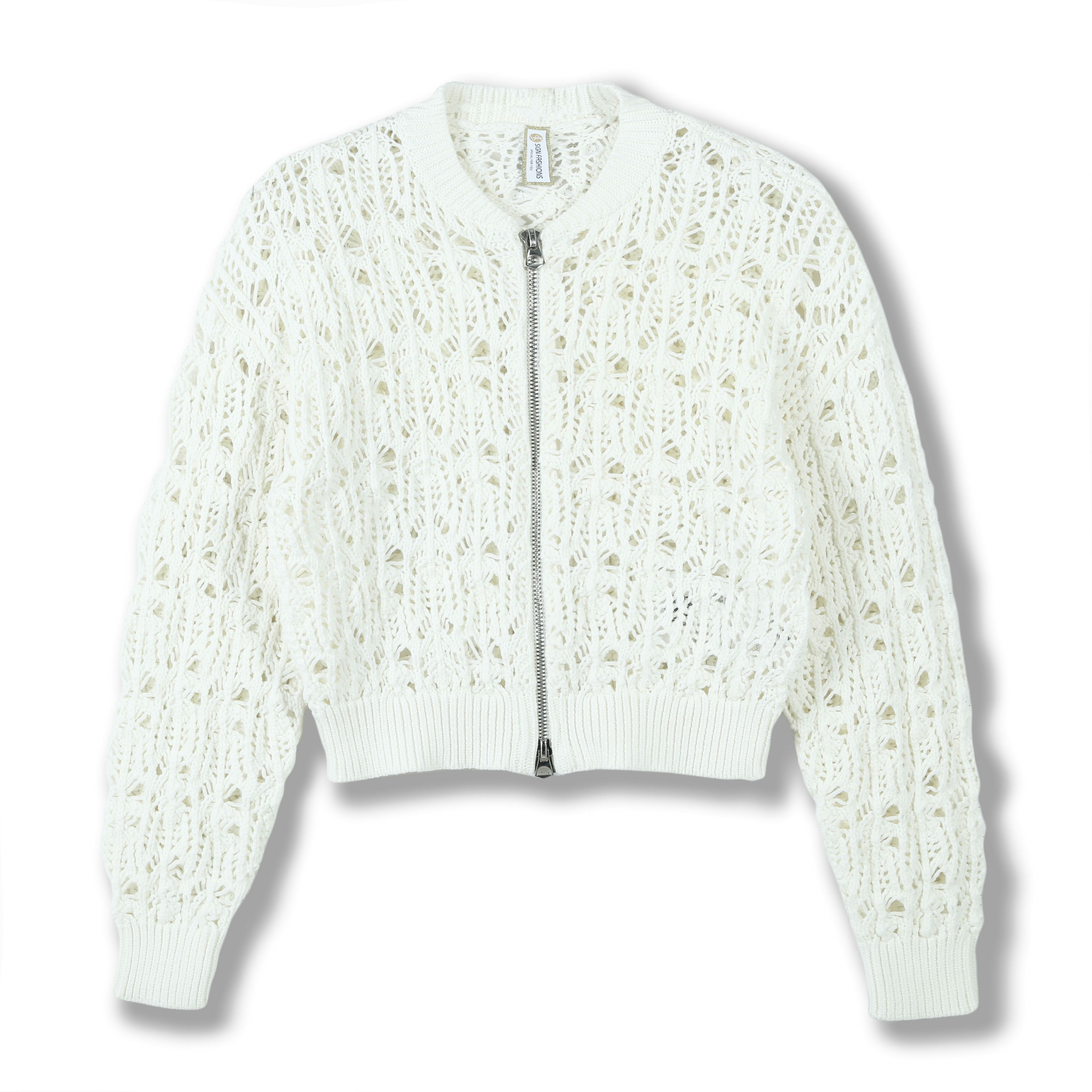 2024 Custom OEM& ODM Flat Knitted Striped Women's Long Sleeve Crew Neck Sweater Zipper Cardigan With Pointelle