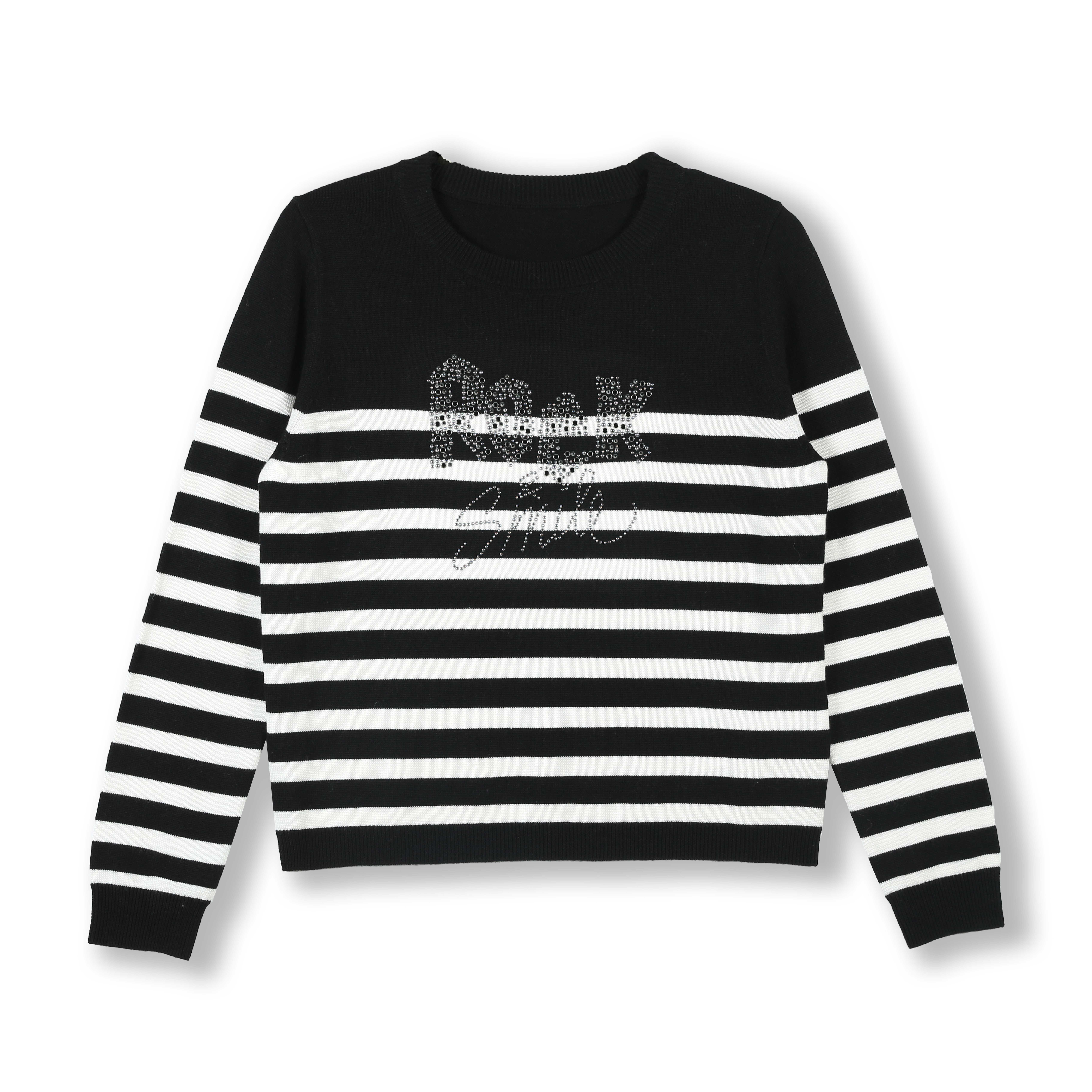 2024 Custom OEM& ODM Ladies Autumn Winter Round Neck Long Sleeve Stripe Pullover With Hotfix