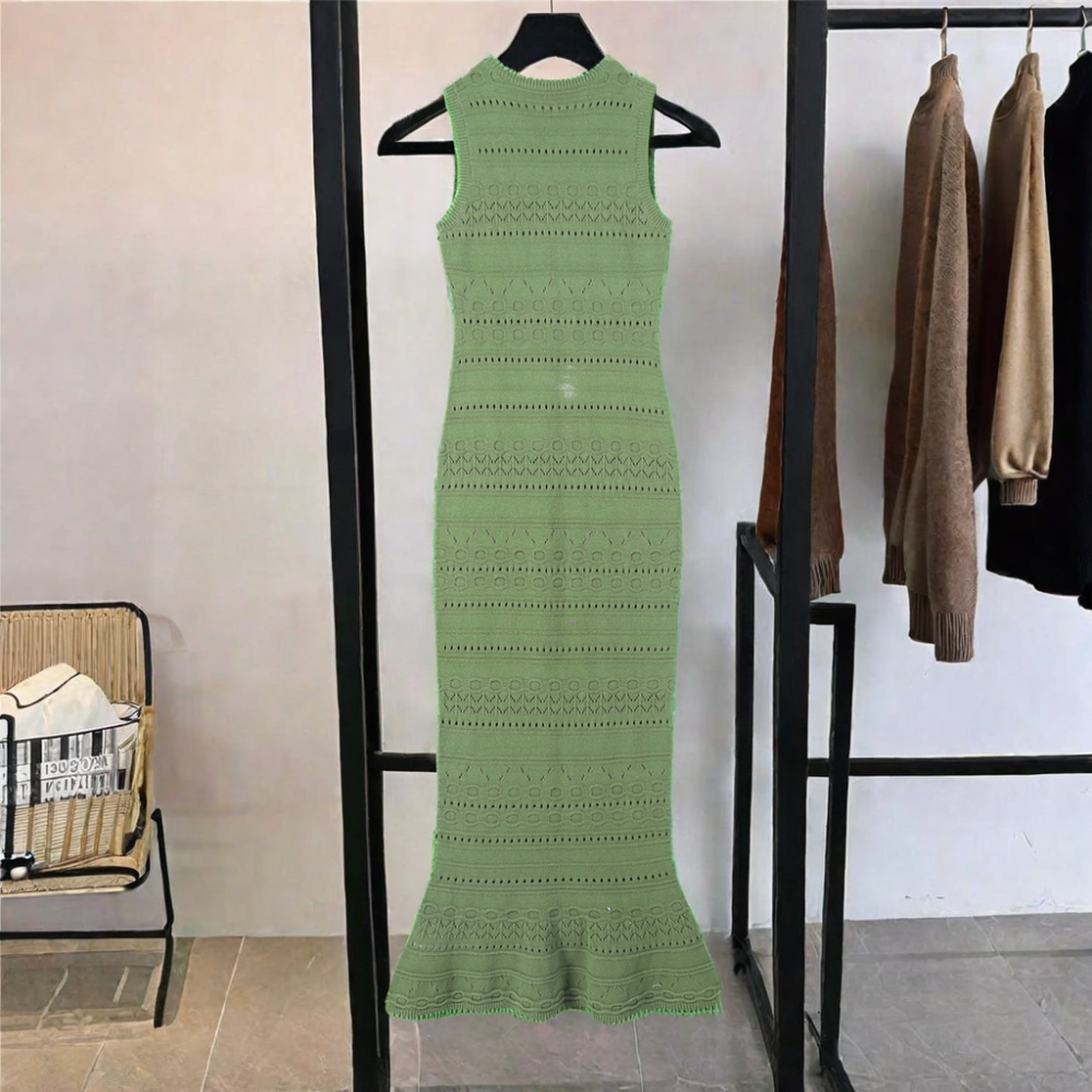 ODM Sleeveless Crew Neck Pointelle Long Dress Hollow Out High Waist Stylish Crochet Halter Thin Summer Knitted Sweater Dresses
