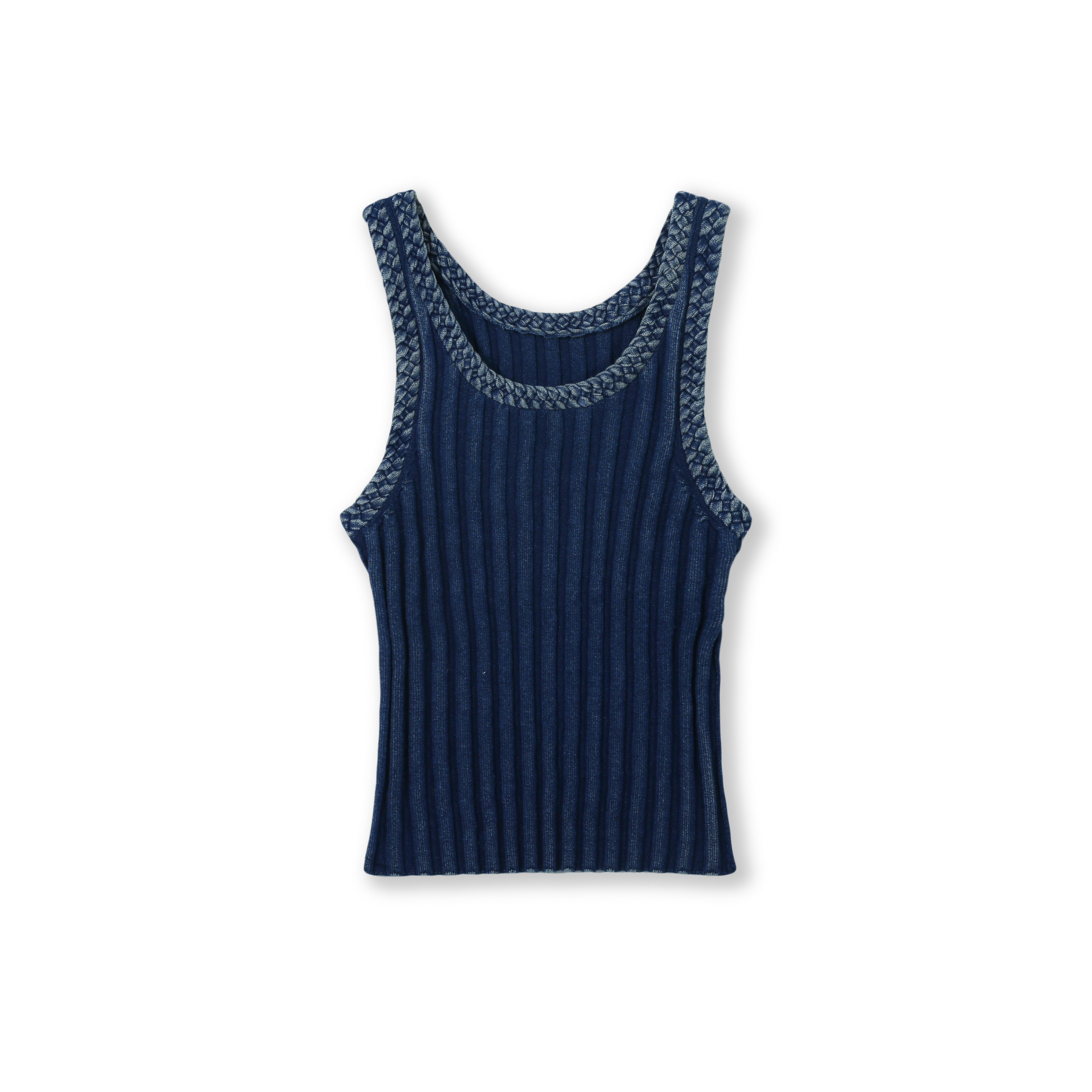 2024 Custom OEM& ODM Ladies Luxury Elegant SPRING SUMMER Round Neck Sleeveless Braid Tape Stone Wash Indigo Faded Effect tank