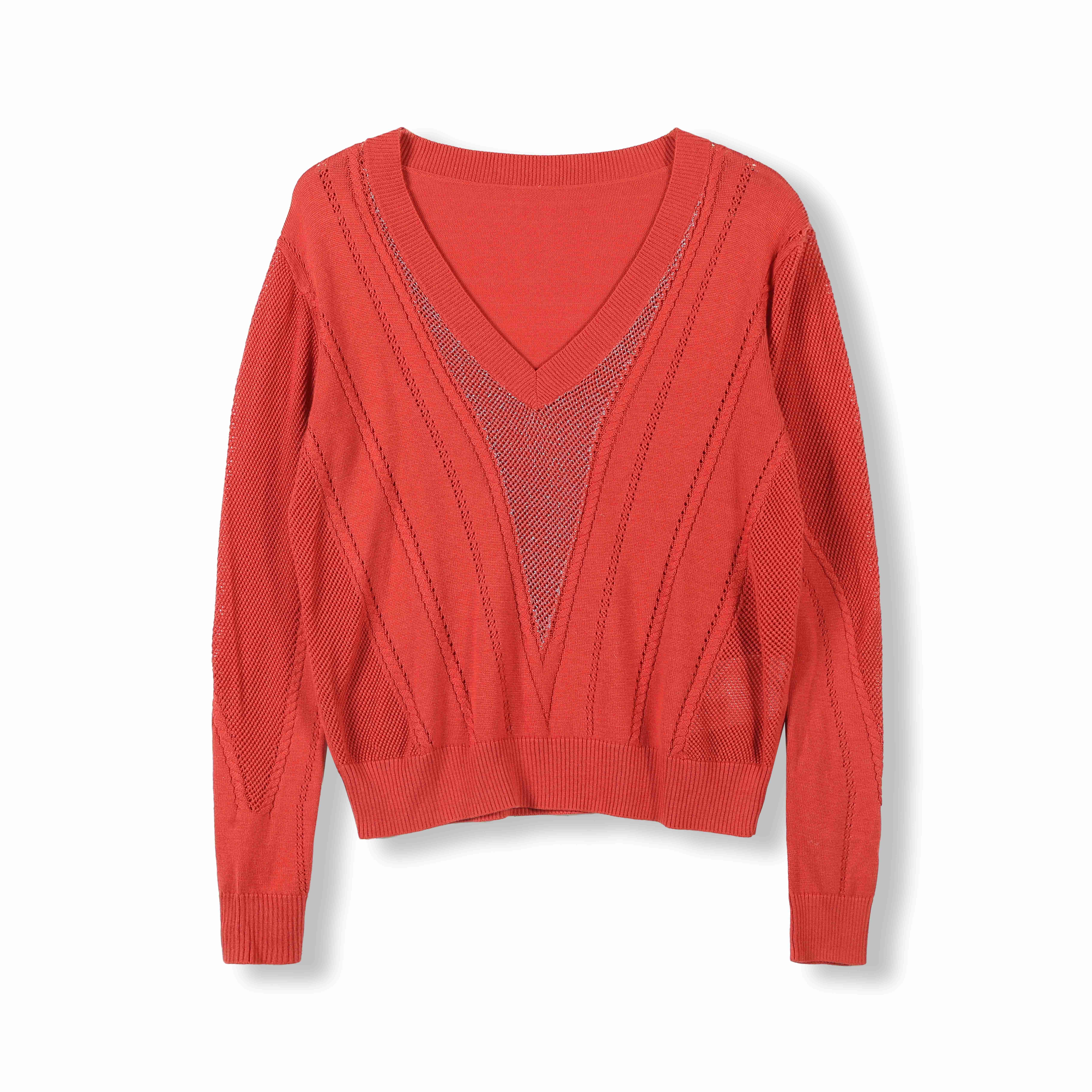 2024 Custom OEM& ODM  Ladies Elegant SpringSummer V Neck Long Sleeve Pointelle Stitch and Grid  Lurex Pullover Sweater