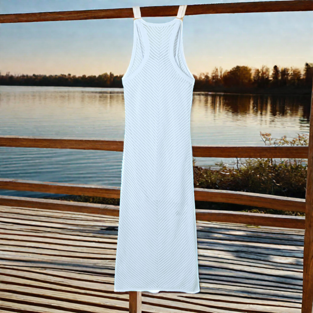 100%Cotton Crew Neck Floor-Length Loose Woolen Women Sleeveless Crew Neck Pointelle Sweater Dress