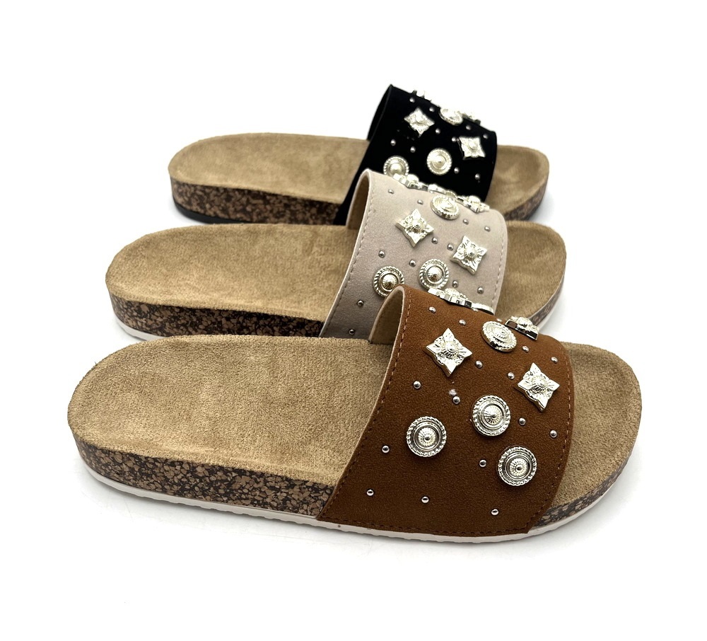 Best sales Special OEM Custom Logo design Women Sandals flat Open toe Flat PVC Injection sole suede Cork sandal slipper