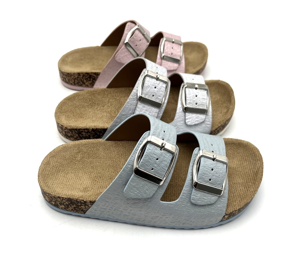 Fashion Trend OEM Custom Logo Open Toe PVC Injection Flat Sole Suede Cork insole Anti-Slippery Kids slide slippers for summer