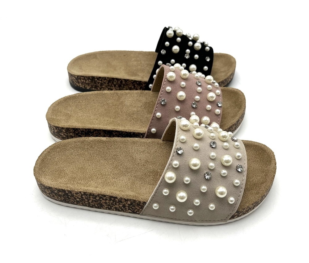 Nice Pearl Decoration Design Women sandals flat PVC Injection sole Light Weight sandal slipper Flat Suede Cork Fashion Trend