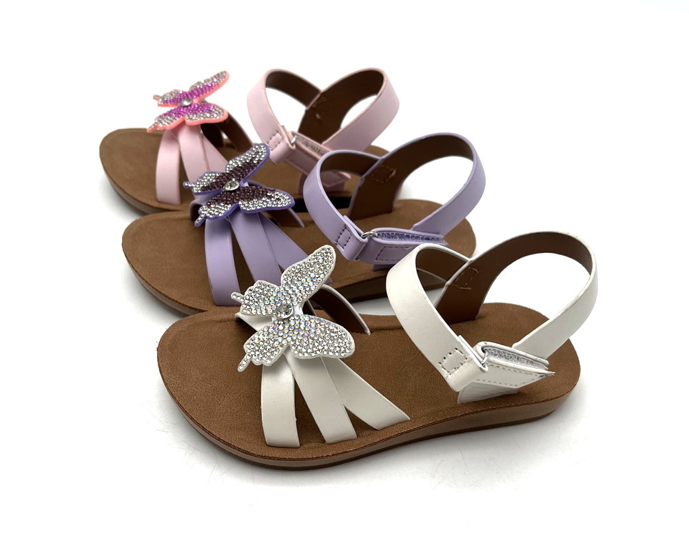 OEM Custom Girls Flat Sandal Shoes Hot Sales with Ant-Slip PVC Injection Sole Summer Spring Breathable Upper Material Rhinestone