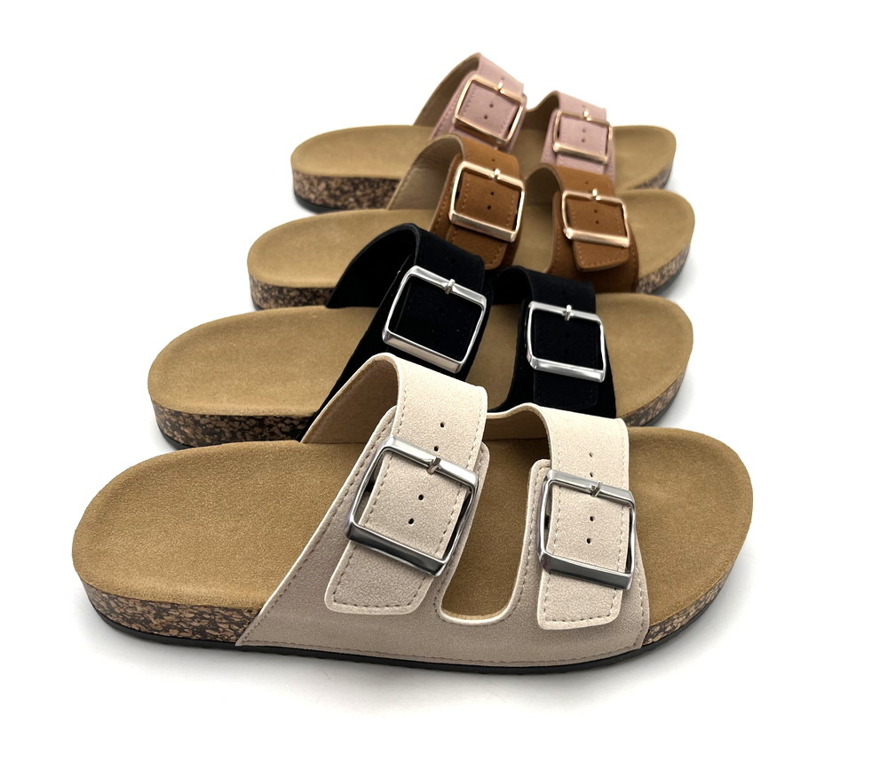 Top Sales OEM Custom Logo Lady Cork Shoes women sandals flat Two Buckle Classic Design Anti-Slip PVC Injection Sole Fashionable
