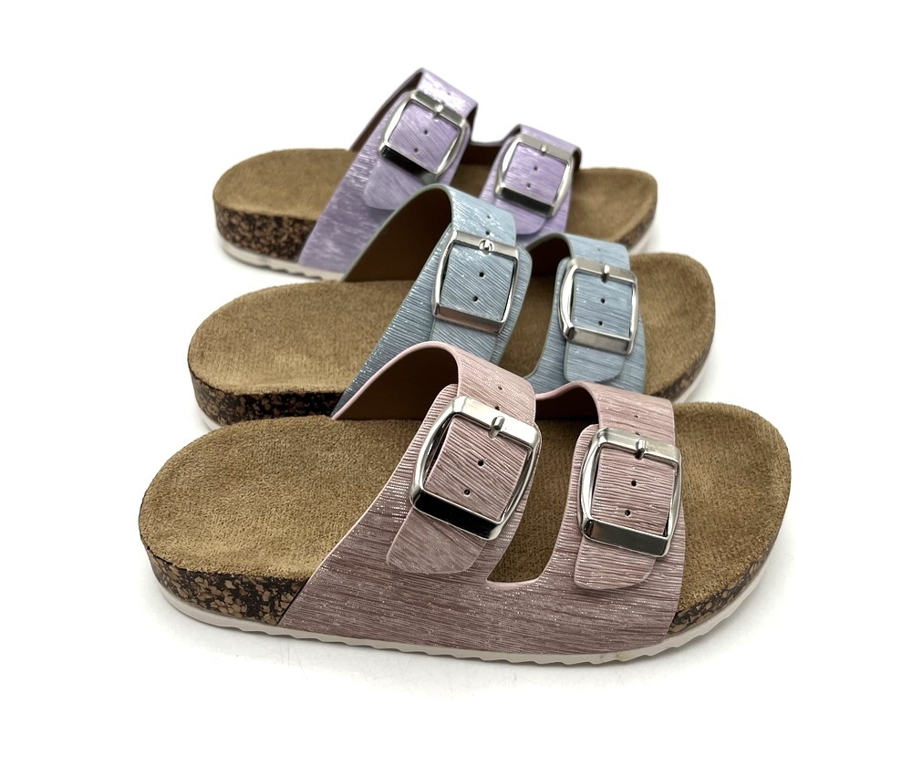 Fashionable OEM Custom Logo Open Toe PVC Injection Flat Sole Suede Cork insole Anti-Slippery Kids slide shoe slippers for summer