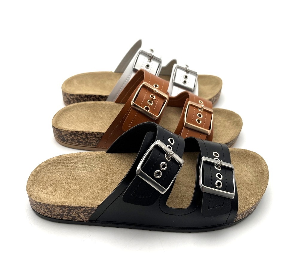 Fashion Trend Classic two buckle design OEM custom logo PVC injection sole Slip on women sandals flat lady cork sandal