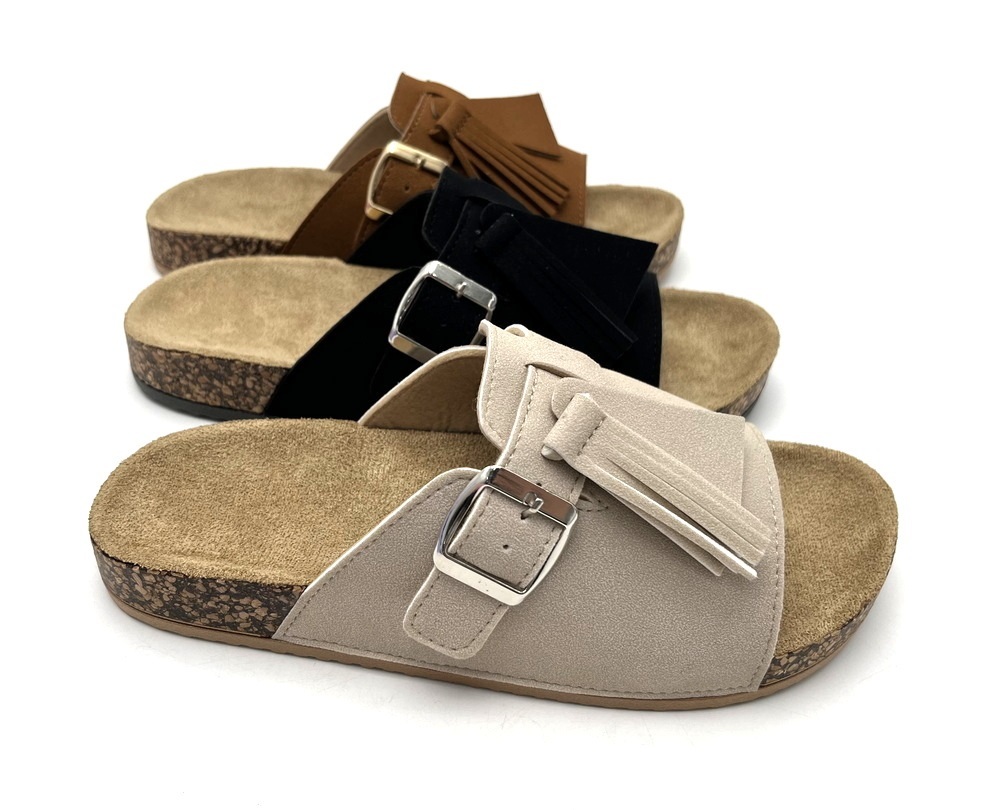 Best Selling OEM Custom Logo Women Sandals flat Open Toe Slip-On Flat PVC Injection sole suede Cork Light Weight Anti-Slippery