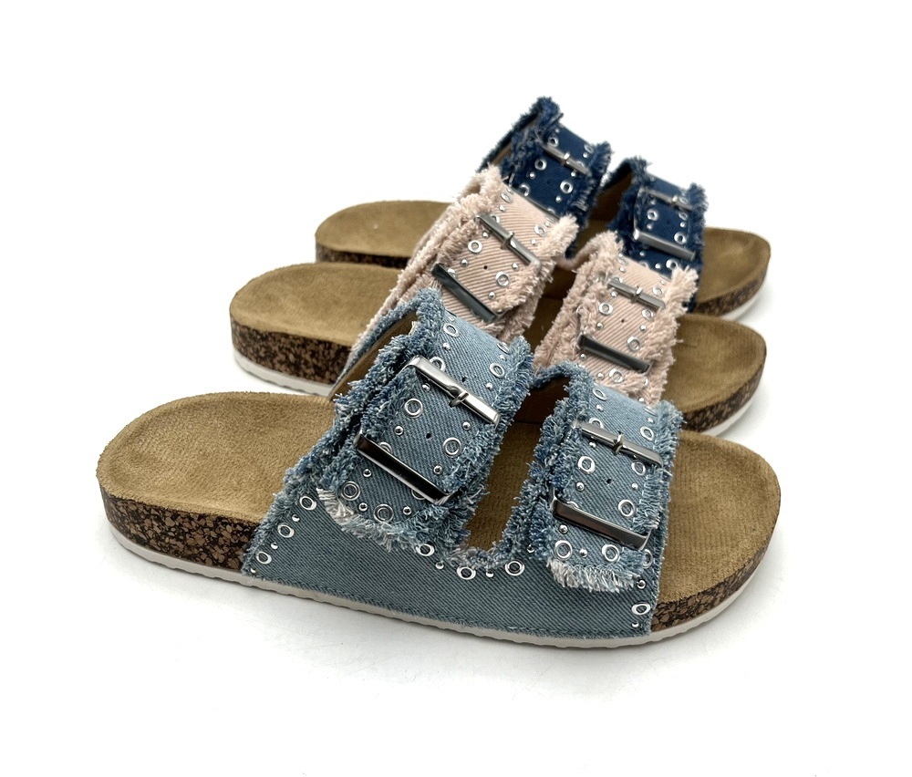Best Sales OEM Custom Logo Women Sandals flat nice Denim Upper PVC Injection Flat Sole Flat Suede Cork Slipper Fashion Trend