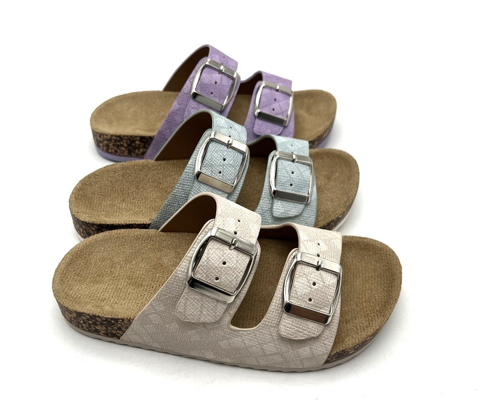 Classic design OEM Custom Logo light weight PVC Injection Flat Sole Suede Cork Anti-Slippery Kids slide shoe slippers for summer