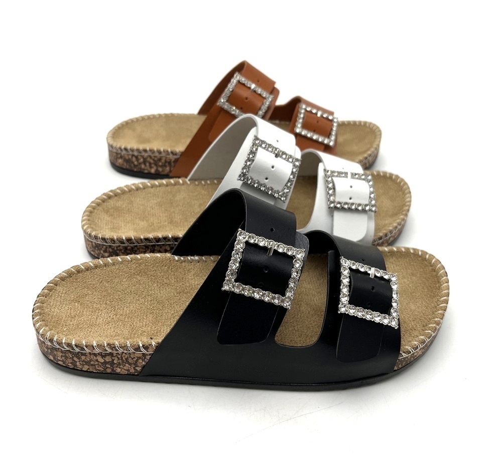 Factory Direct Nice Diamond Slip on Open Toe PVC Injection Women Sandals Flat with Custom Logo Cork sandal Shoes