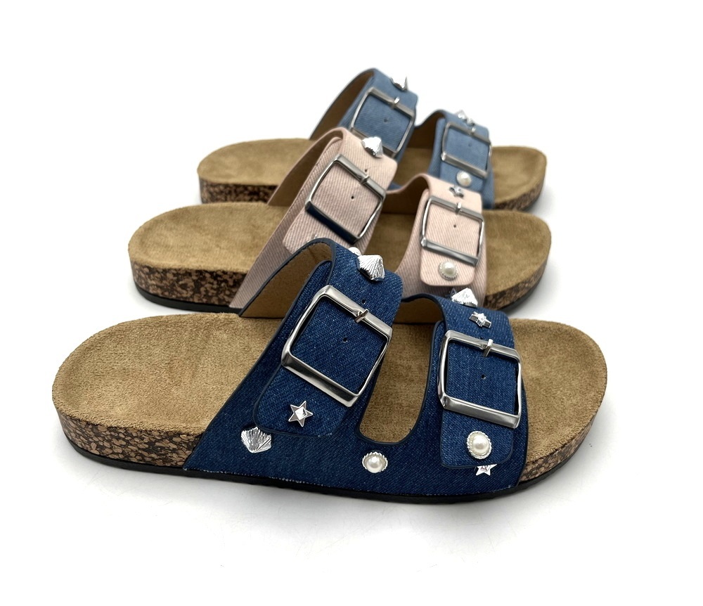 Nice Design OEM Custom Logo Anti-Slip PVC Injection Sole Light Weight slip on open toe women sandals flat Lady Cork Shoes