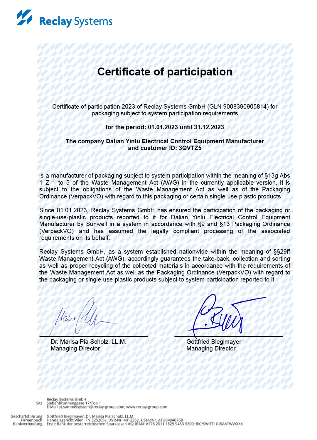 Austrian Packaging Law Certificate