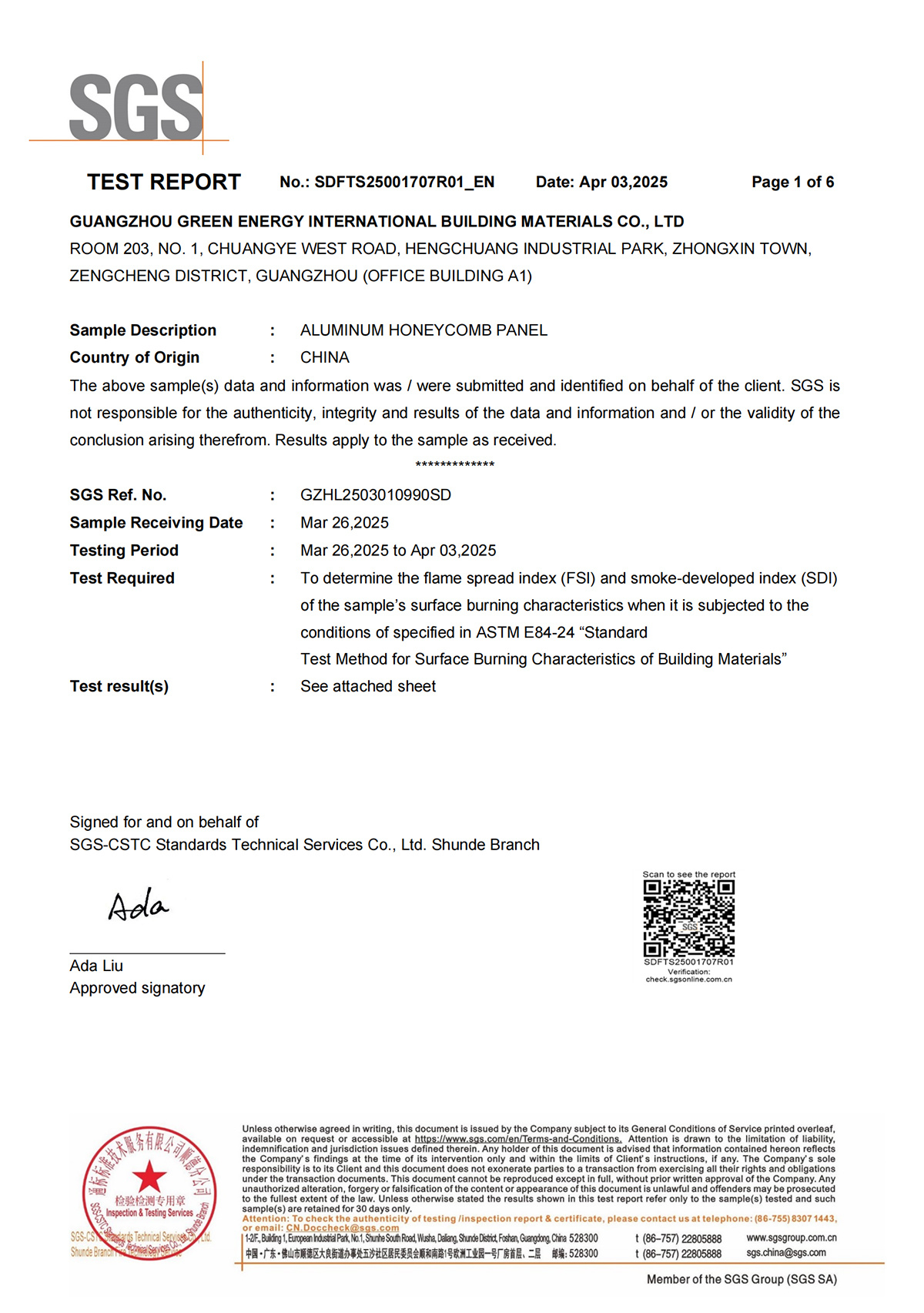 Aluminum Honeycomb Panel -USA ASTM E84-24 Fire Test Report By SGS
