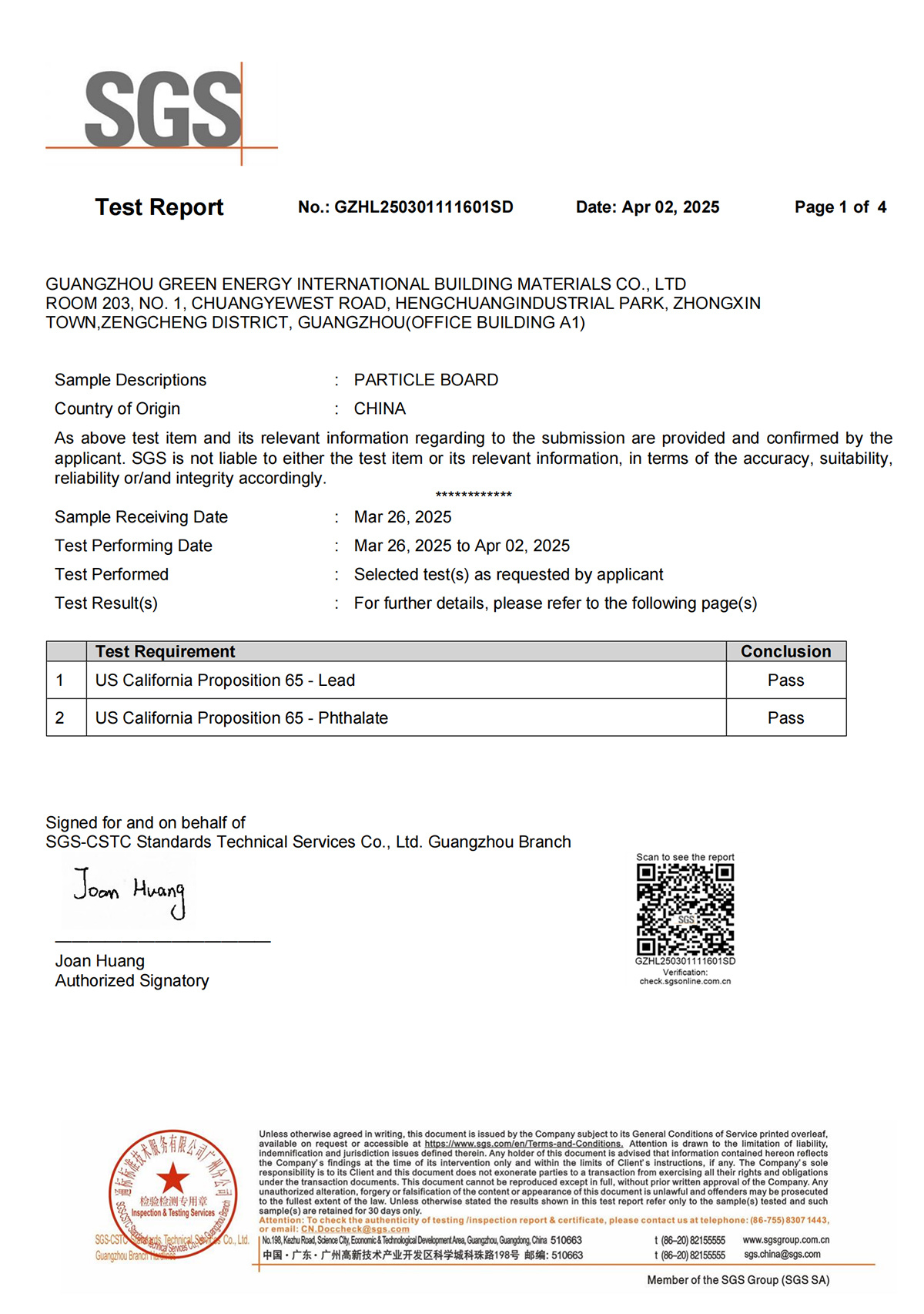 Particle Board-USA CA65 Test Report By SGS
